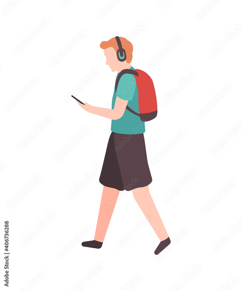 Young man walks down the street and listens to music. Modern young happy cartoon male character with backpack, headphones and smartphone walking in city, flat vector isolated illustration
