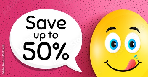 Save up to 50 percent. Easter egg with yummy smile face. Discount Sale offer price sign. Special offer symbol. Easter smile character. Discount speech bubble. Yummy egg background. Vector