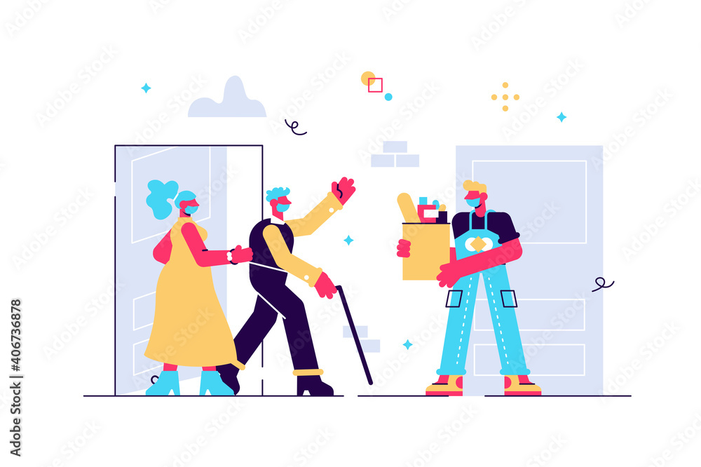 Elderly couple in face masks receiving a bag of groceries Elderly couple in face masks receiving a bag of groceries