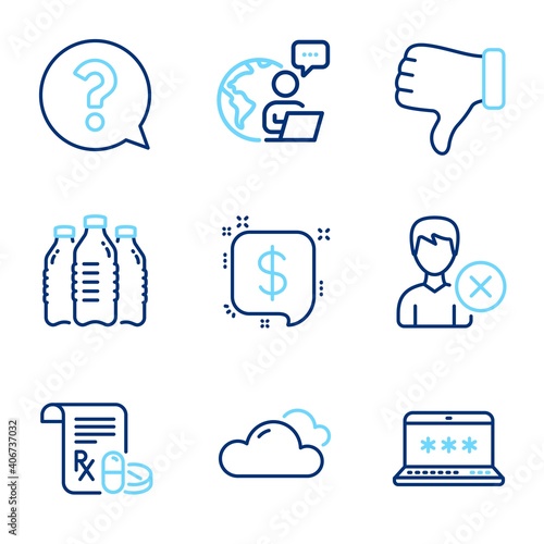 Business icons set. Included icon as Payment message, Remove account, Medical prescription signs. Laptop password, Dislike hand, Cloudy weather symbols. Water bottles, Question mark. Vector