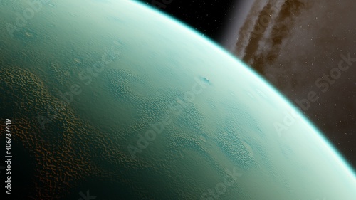 super-earth planet, realistic exoplanet, planet suitable for colonization, earth-like planet in far space, planets background 3d render photo