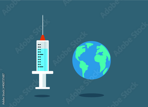 une seringue représentant le vaccin est positionnée à côté de la planète terre