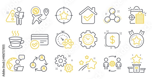 Set of line icons, such as Seo shopping, Winner podium, Payment message symbols. Payment methods, Dog competition, Work signs. Time management, Flight sale, Coffee cup. Chemistry molecule. Vector