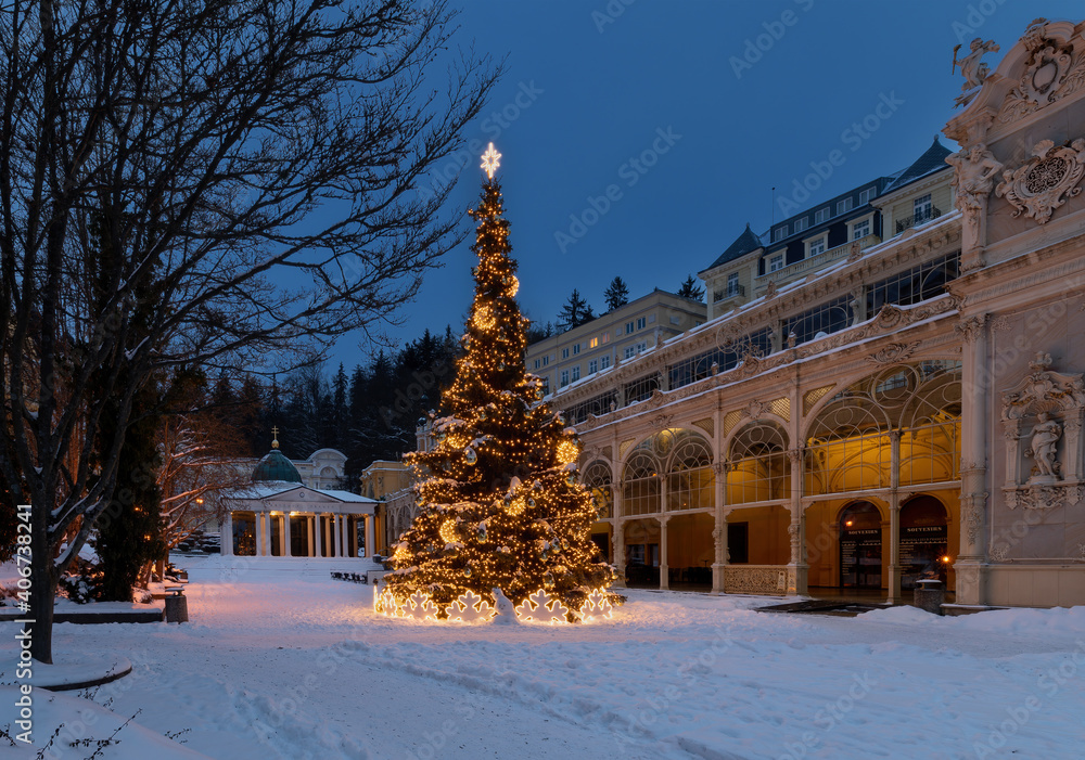 Main colonnade in winter - snow in spa center of Marianske Lazne (Marienbad) - Czech Republic