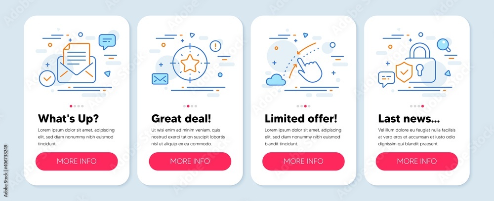 Set of Technology icons, such as Star target, Mail correspondence, Swipe up symbols. Mobile screen mockup banners. Security lock line icons. Winner award, E-mail newsletter, Touch down. Vector