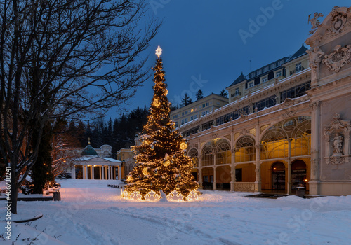 Main colonnade in winter - snow in spa center of Marianske Lazne (Marienbad) - Czech Republic