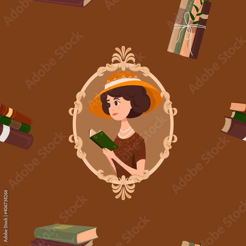 Vintage books seamless pattern with lady. Vector illustration
