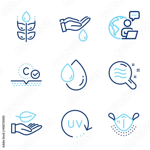 Healthcare icons set. Included icon as Skin condition, Collagen skin, Oil drop signs. Leaf, Medical mask, Wash hands symbols. Gluten free, Uv protection line icons. Search magnifier, Serum. Vector