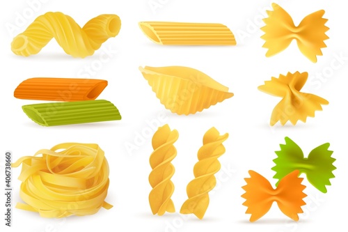 Dry pasta objects. Realistic italian culinary ingredients, different pasta and noodles shapes. Homemade farfalle and fusilli, gemelli and penne, conchiglie and cavatappi, vector set