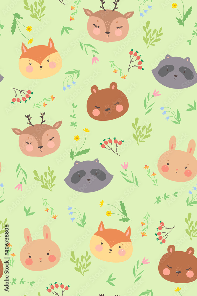 Seamless pattern with forest animals. Vector graphics.