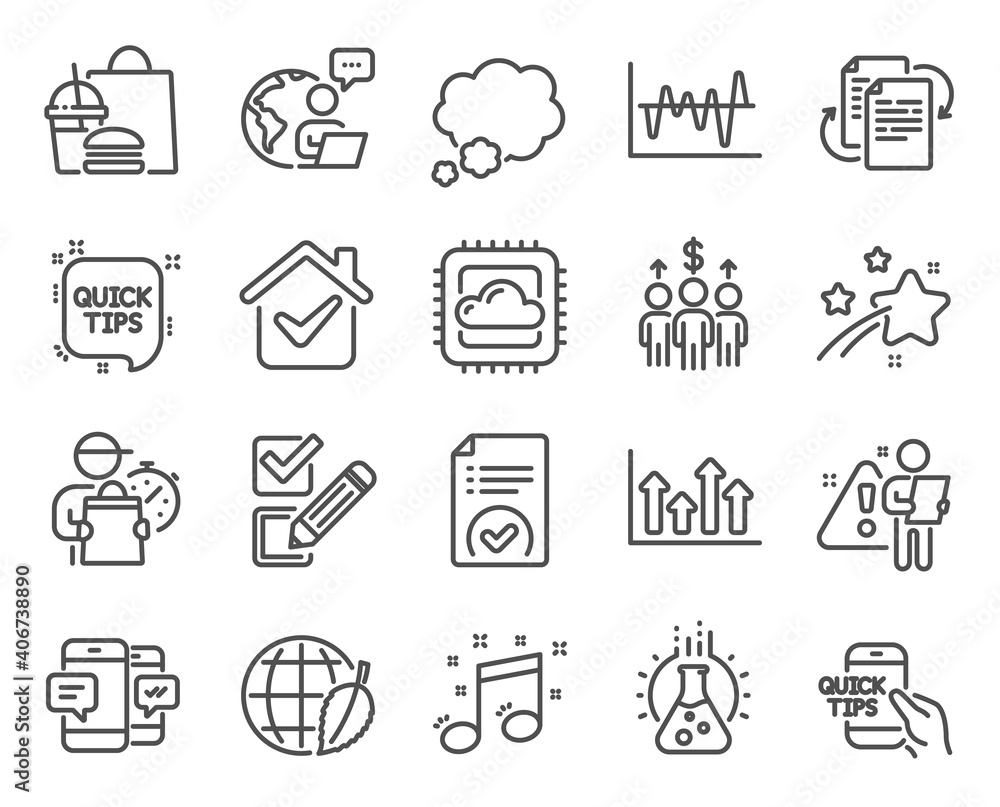 Education icons set. Included icon as Checkbox, Quick tips, Chemistry lab signs. Meeting, Talk bubble, Smartphone sms symbols. Stock analysis, Bureaucracy, Education. Musical note. Vector