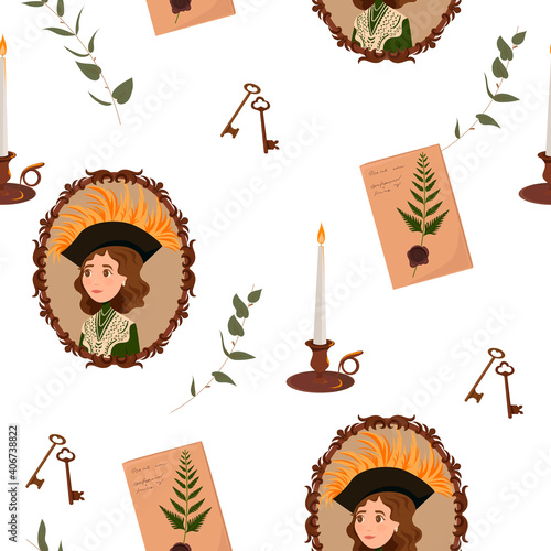 Seamless pattern of vintage lady, candlestick, keys. Vector illustration