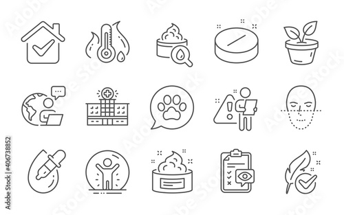 Hypoallergenic tested, Moisturizing cream and Skin cream line icons set. Eye checklist, Hospital building and Eye drops signs. Pets care, Medical tablet and Recovered person symbols. Vector