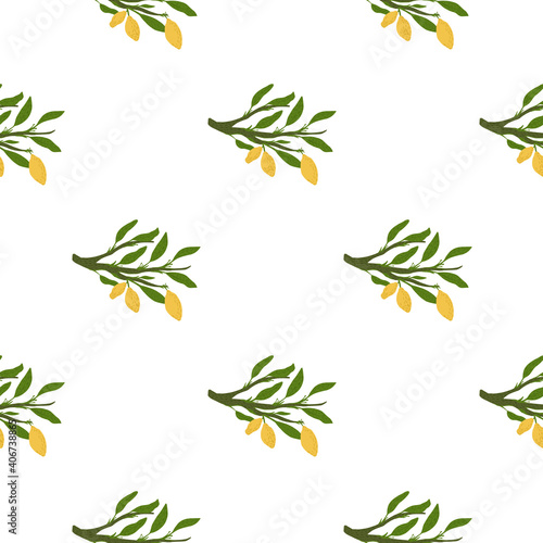 Isolate seamless food pattern with cartoon doodle green leaves and yellow lemons print. White background.