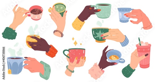 Woman hands with beverage cups. Female arms with manicure hold different mugs with hot drink, coffee, cocoa and tea. Colorful tableware for morning drinks cartoon vector isolated set