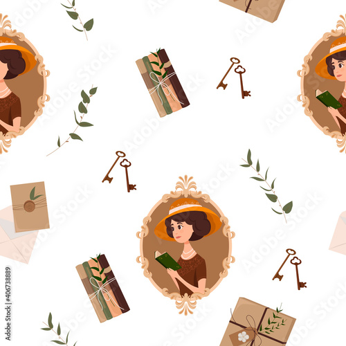 Vintage books seamless pattern with lady. Vector illustration