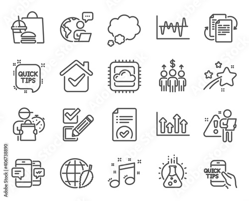 Education icons set. Included icon as Checkbox, Quick tips, Chemistry lab signs. Meeting, Talk bubble, Smartphone sms symbols. Stock analysis, Bureaucracy, Education. Musical note. Vector