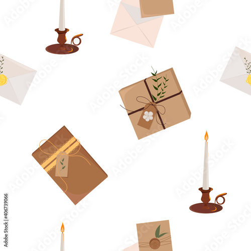 Seamless pattern of vintage boxes, envelopes, candlesticks, keys. Vector illustration