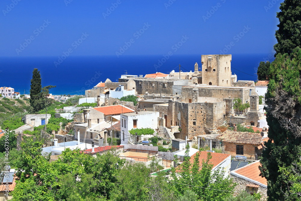 Maroulas, one of the most beautiful traditional villages in Crete island, Greece. It is located in Rethymno region, and is known for its ochre towers