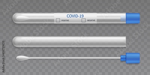 Test tube swab. Realistic microbiological medical test, diagnostic lab tool for genetic research, plastic container with cotton swab, virus analysis. Vector 3d isolated set