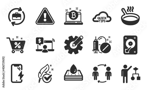 Bitcoin, Loan percent and Quick tips icons simple set. Waterproof mattress, Frying pan and Workflow signs. Cogwheel, Hdd and Algorithm symbols. Flat icons set. Vector