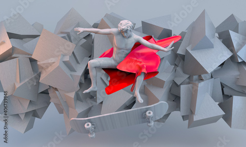 statue of skateboarder david covered in red cloth in the style of the renaissance cool jumping against the backdrop of stone and marble triangular shapes nft photo
