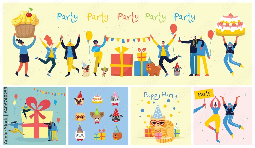 Fototapeta premium Party background. Happy group of people jumping on a bright background. The concept of friendship, healthy lifestyle, success. Vector illustration