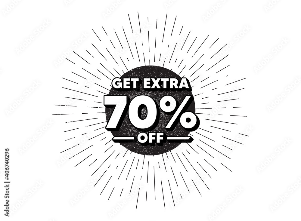 Obraz premium Get Extra 70 percent off Sale. Vintage star burst banner. Discount offer price sign. Special offer symbol. Save 70 percentages. Hipster sun with rays. Retro vintage starburst element. Vector