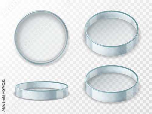 Petri dish. Realistic 3d empty glass lab cup in different angles, test container for experiments, laboratory vessel, scientific analysis. Medical equipment glassware, vector set