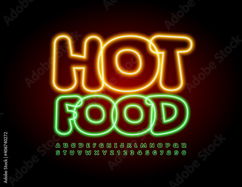 Vector glowing logo Hot Food. Creative Led Font. Bright Neon Alphabet Letters and Numbers set