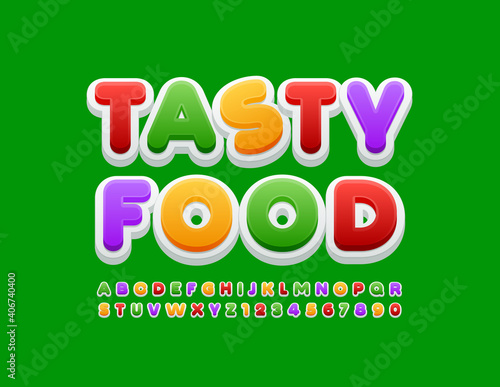 Vector colorful sign Tasty Food. Bright creative Font. Modern set of Alphabet Letters and Numbers