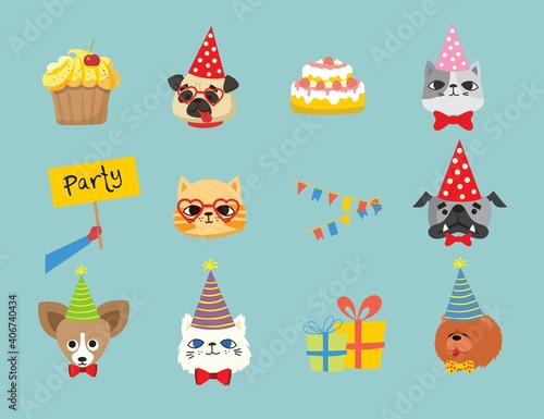 Puppy party background. Cute greeting card with presents, dogs, cats and puppies