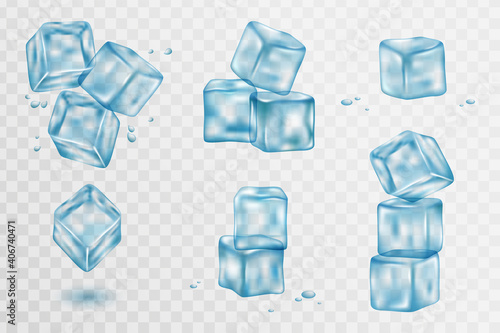 Set of transparent ice cubes. Ice cubes, realistic set, 3d vector illustration. Blue Ice collection