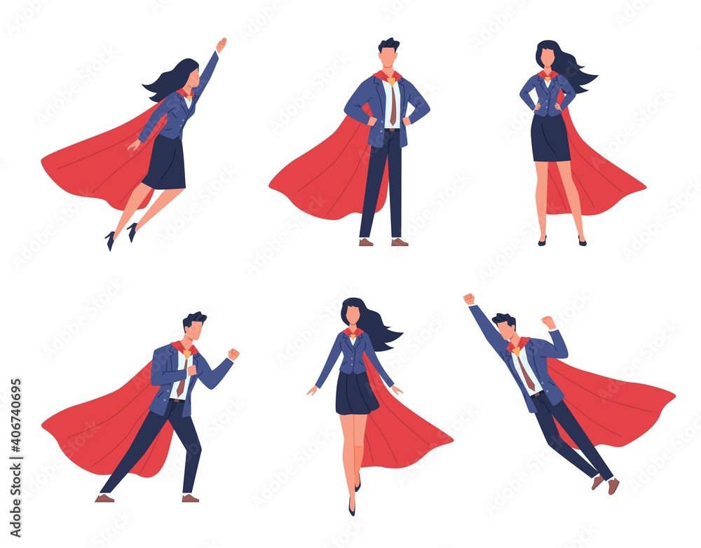 Super businessman characters. Business man and woman in different heroic poses, brave people, flying heroes in flowing capes and suits. Help and victory symbol vector flat cartoon set - obrazy, fototapety, plakaty 
