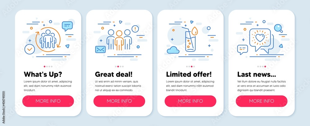 Set of Business icons, such as Water glass, Teamwork, Group symbols. Mobile screen app banners. Friends chat line icons. Soda drink, Employees change, Business meeting. Friendship. Vector Set of Business icons, such as Water glass, Teamwork, Group symbols. Mobile screen app banners. Friends chat line icons. Soda drink, Employees change, Business meeting. Friendship. Vector