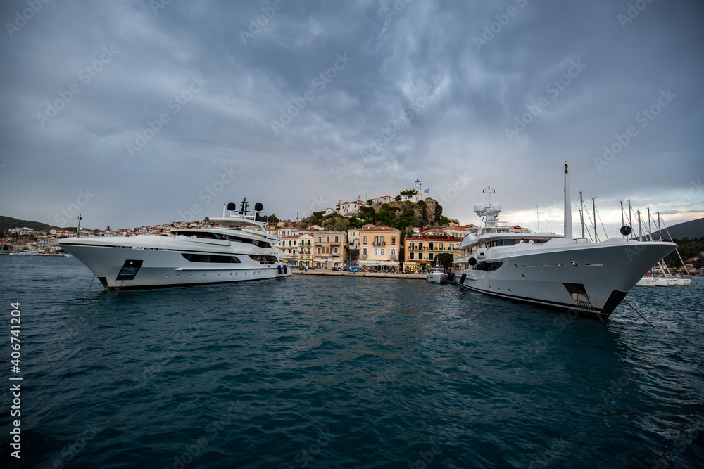 luxury yachts in the port of Poros, Greece