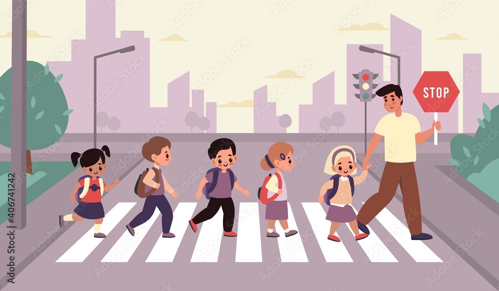 Children crosswalk. Students group with backpacks cross street with adult  accompanied, elementary school boys and girls with teacher on urban  landscape. Road safety cartoon vector concept Stock Vector | Adobe Stock