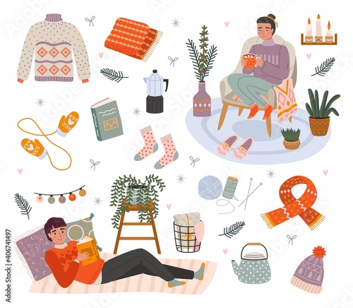 Cozy people characters. Relax time at home, young man and woman chill among cozy little things, knitwear and comfort. House pleasant winter hygge interior. Cartoon vector set