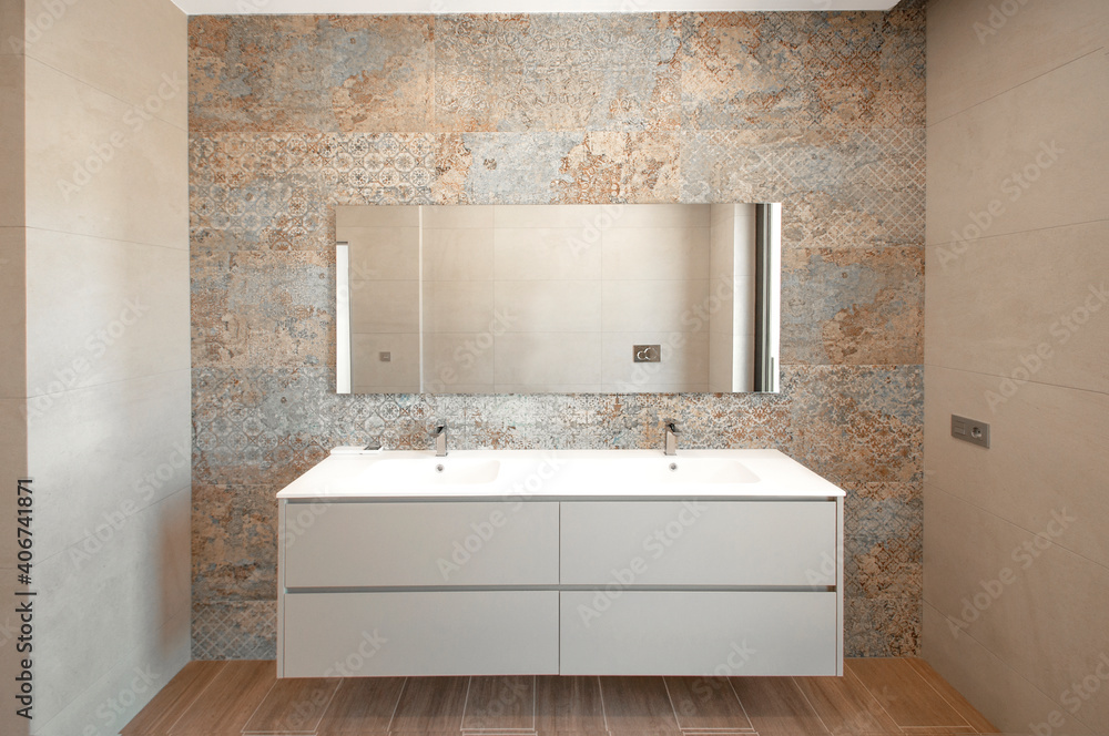 Modern bathroom with luxury tiles. Large shower . Custom furniture.