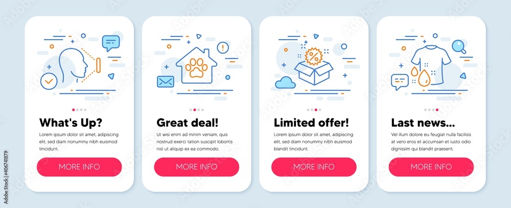 Set of Business icons, such as Face id, Sale, Pet shelter symbols. Mobile app mockup banners. Wash t-shirt line icons. Identification system, Discount, Dog house. Laundry shirt. Face id icons. Vector Set of Business icons, such as Face id, Sale, Pet shelter symbols. Mobile app mockup banners. Wash t-shirt line icons. Identification system, Discount, Dog house. Laundry shirt. Face id icons. Vector