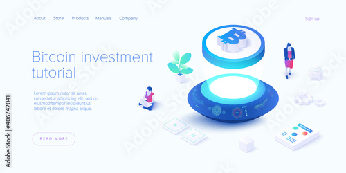 Cryptocoin mining farm layout. Cryptocurrency and blockchain network business isometric vector illustration. Crypto currency exchange or transaction process background.