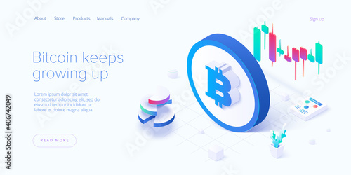 Cryptocoin mining farm layout. Cryptocurrency and blockchain network business isometric vector illustration. Crypto currency exchange or transaction process background.
