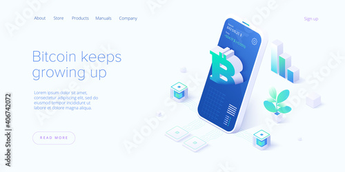 Cryptocoin mining farm layout. Cryptocurrency and blockchain network business isometric vector illustration. Crypto currency exchange or transaction process background.