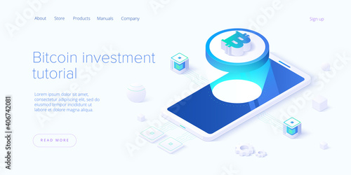 Cryptocoin mining farm layout. Cryptocurrency and blockchain network business isometric vector illustration. Crypto currency exchange or transaction process background.