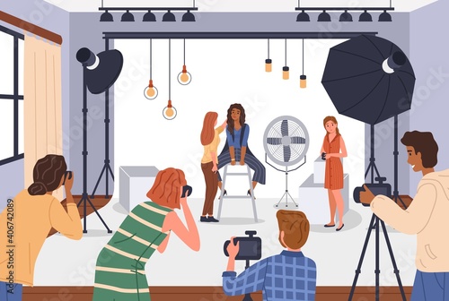 Photo studio. Photographers students with professional cameras and fashion model woman, portrait posing, special photographing equipment, lighting and tripods Vector cartoon concept