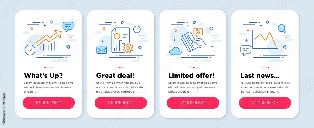 Set of Finance icons, such as Credit card, Report, Demand curve symbols. Mobile screen banners. Line chart line icons. Loan percent, Presentation document, Statistical report. Financial graph. Vector