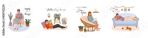 Relaxing people. Young women and men at cozy home scenes, boys and girls characters chill on sofas and armchairs, house winter hygge interior cute little things. Vector cartoon set