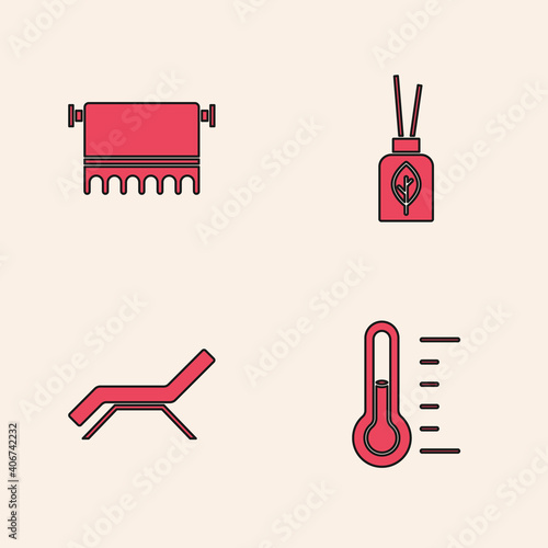 Set Sauna thermometer, Towel on hanger, Aroma diffuser and Sunbed and umbrella icon. Vector.