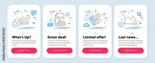 Set of Finance icons, such as Credit card, Report, Demand curve symbols. Mobile screen banners. Line chart line icons. Loan percent, Presentation document, Statistical report. Financial graph. Vector