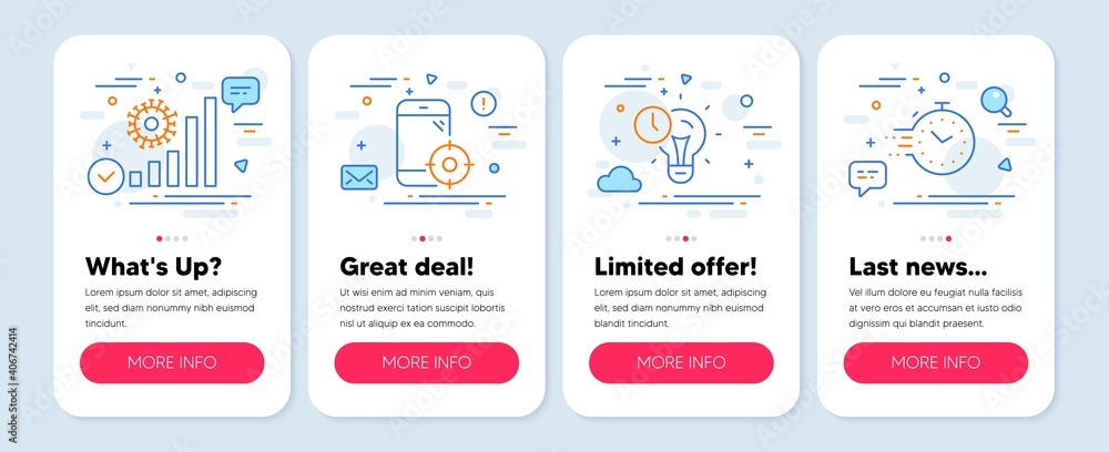 Set of Science icons, such as Time management, Seo phone, Coronavirus statistics symbols. Mobile screen app banners. Timer line icons. Vector